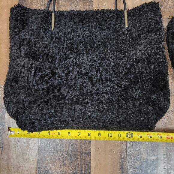 Anthropologie Tote Purse Sherpa Bag Black Leather Straps w/‎ Pouch Wallet - Picture 12 of 13